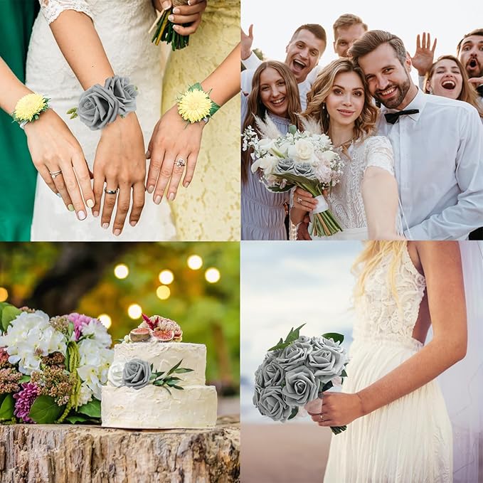 JOYLEX 100Pcs Grey Artificial Flowers Realistic Roses, Real Looking Fake Roses with Stem for DIY Wedding Bouquets Centerpieces Bridal Shower Party Home Romantic Decorations (Grey,100pcs)