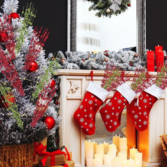 Geosar 30 Pcs Christmas Artificial Glitter Berry Stem Decorations 17 Inch Faux Stick Floral Pick Centerpiece Bouquet Flower Bead Twigs for Centerpiece Tree Wreath Xmas Ornaments Home(Green and Red)