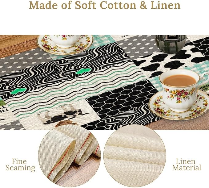 Cute Cow Print Table Runner,Farm Animals Honeycomb Plaid Stripes Cowhide Pattern Tablecloth Burlap for Hotel Indoors Outdoor Dining Room Kitchen Table Decor, 13x80in