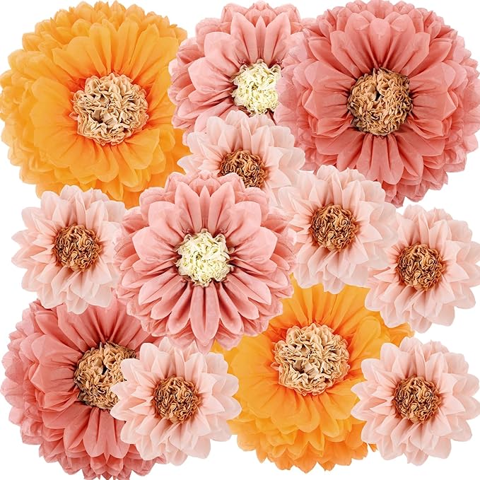 VAIPI 12 Pcs Giant Tissue Paper Flowers Decorations, 30'' 24'' 20'' 12'' Large Crepe Paper Flowers Colorful Pom Poms DIY Craft for Wedding Baby Shower Birthday Party Wall Backdrop Decor