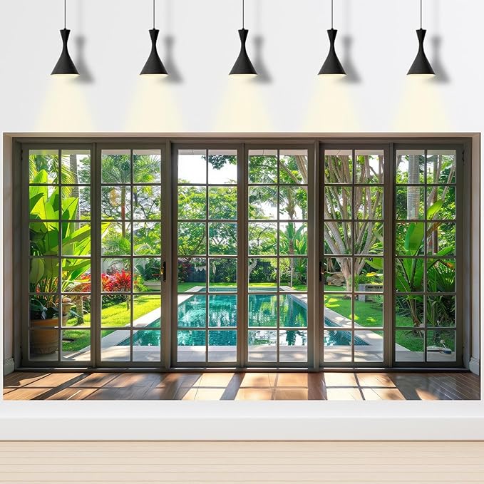 Window Scenery Photography Backdrop Windowsill Backyard with Pool and Garden Background Tropical Plants Photocall Background Party Banner Wall Decor Baby Kids Family Photo Shoot Props 5x4ft