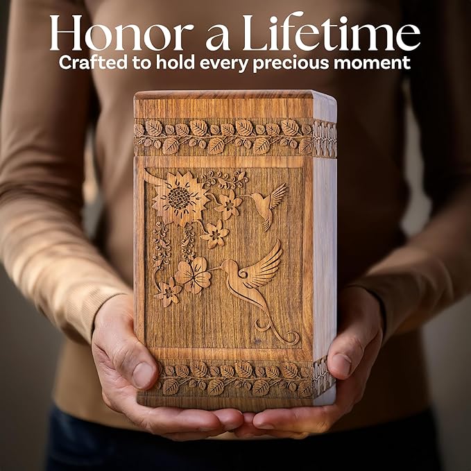 INTAJ Handcarved Rosewood Hummingbird Oversized Urn for Human Ashes - 640 lbs Companion Capacity - Wooden Cremation Urn Box for Burial Funeral Decorative Memorial Casket Floral Carving
