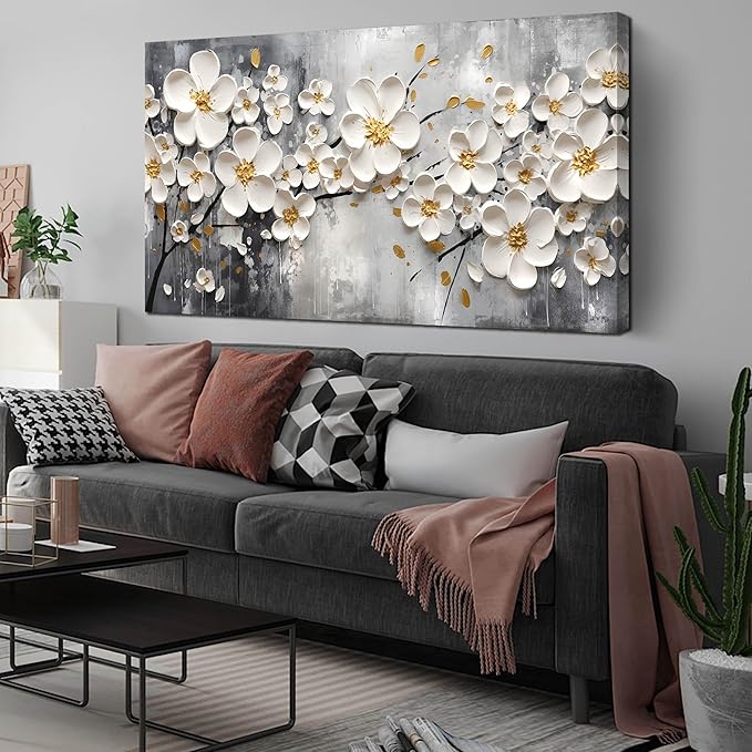 Large Pictures for Living Room - White Flower Canvas Wall Art for Bedroom - Modern Wall Decor for Office Women Size 29" x 59"