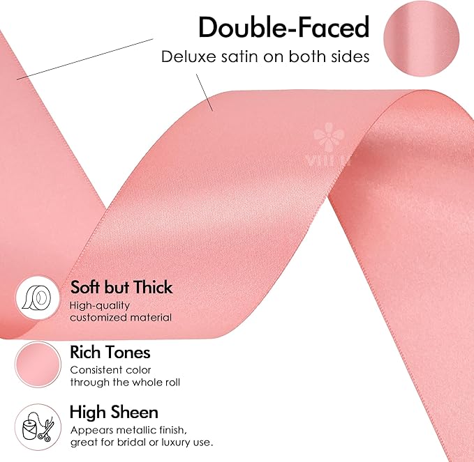 MEEDEE Blush Satin 2 Inch Ribbon Pink Double Faced Ribbon by 25 Yards Silk Ribbons Luxurious Satin Ribbons for Crafts, Weddings, Flower Bouquet, Cake Decoration