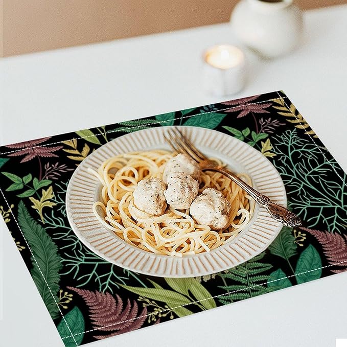 Leaf Placemats Set of 8, 17x12 Inch Vintage Natural Botanical Herbal Green Leaves Table Mats for Home Party Kitchen Dining Decor