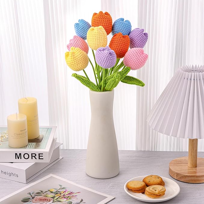TLY 10 Pcs Crochet Tulips Flowers Artificial Flowers Bouquet Finished Handmade Knitted Tulip Bouquets with Leaf and Long Stem for Home Centerpieces Decor Valentine's Day Wedding Anniversary