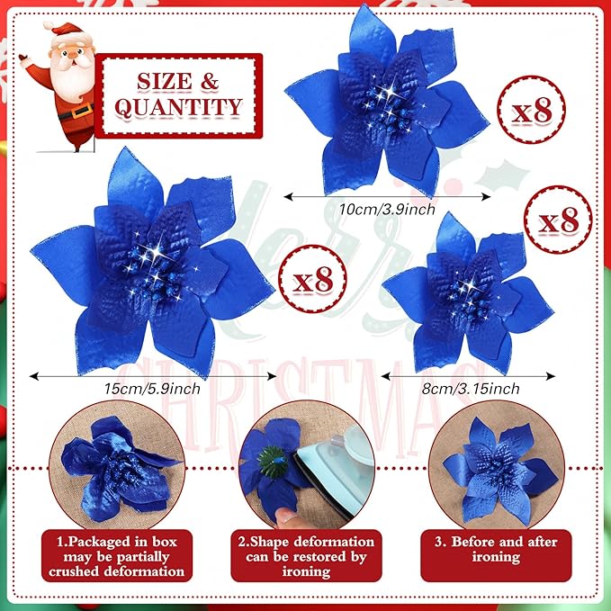 WILLBOND 24 Pcs 3 Size Poinsettia Flower Artificial Christmas Decor Glitter Poinsettia Christmas Ornaments Faux Flowers for Xmas Tree Outdoor(3.2/4/6 Inches,Royal Blue)