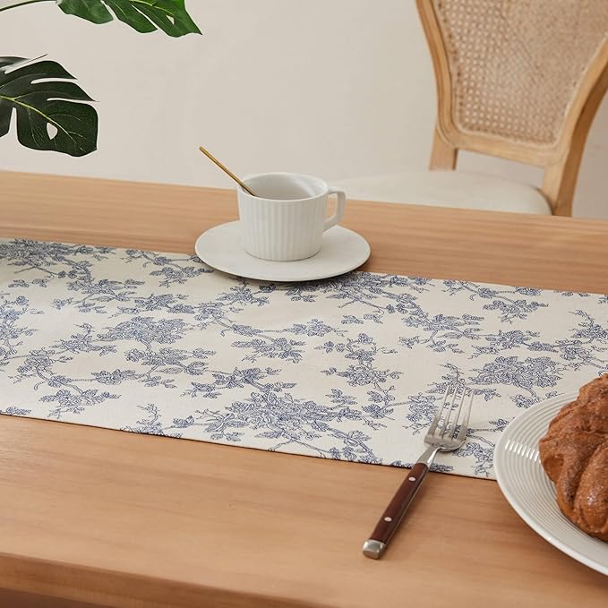100% Cotton French Pastoral Table Runners, 13x90 Inch Blue Farmhouse Table Runners 90 Inches Long, Vintage Flowers Print Home Decors