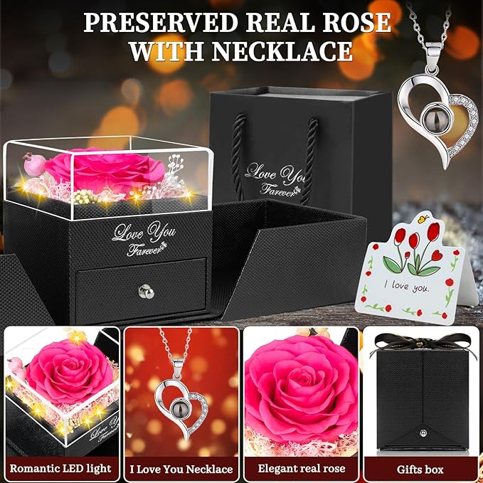 Preserved Dark Pink Real Rose -Eternal Flowers Rose Gifts for Mom Grandma Wife Girlfriend Gifts for Her Christmas Birthday Anniversary with I Love You Necklace