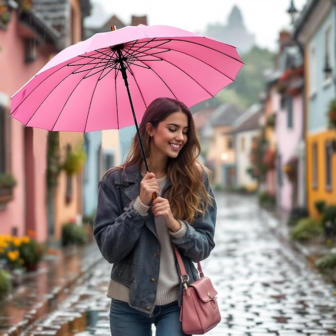 SoulRain 16 Ribs 48" Stick Umbrella Auto Open Solid Color Fashionable and Simple，Arc Classic Wood Handle，Windproof Unbreakable Stick Rain Umbrella