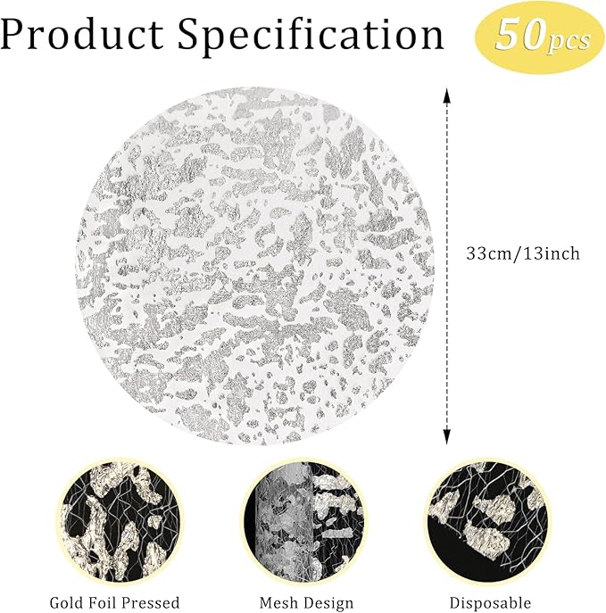Hysenm 50 Pcs Disposable Silver Placemats Set Metallic 13 Inch Round Foil Mesh Pressed Table Doilies, Ultra-Thin Disposable Placement Mats for Home Decoration Dining Table Wedding Birthday Party