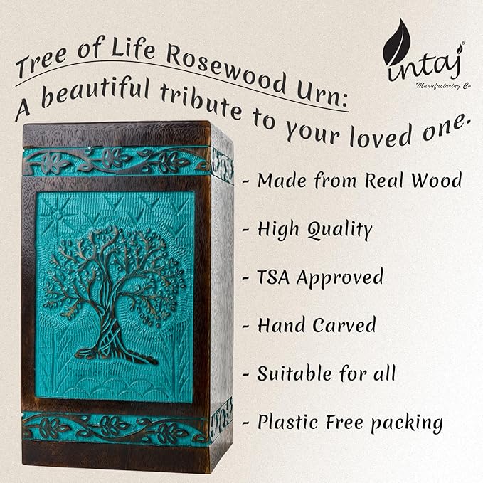 INTAJ Wooden Cremation Urns for Human Ashes - Large 180 lbs, Handcarved Tree of Life Design, Suitable for Men, Women, Mom, Dad - TSA Approved, Decorative Memorial Urn Box, Green