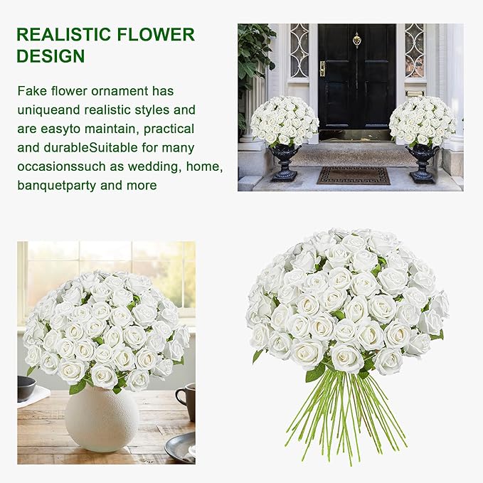 Fake Plants Roses Flowers Plastic Flowers Spring Decorations for Home Gifts for Gf Roses Artificial Flowers for Vase Fake Flowers Home Decor Fake Plant19.6“ (White 100PCS)