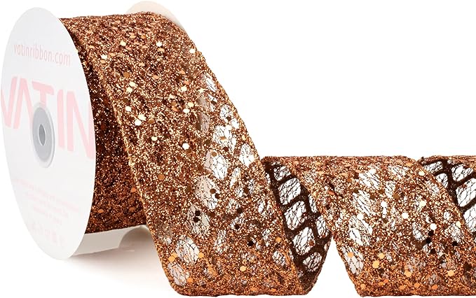 VATIN 2-1/2" Copper Christmas Ribbon, Copper Glitter Mesh Diamond Web Sequin Dots Wired Christmas Ribbon for Gift Wrapping Bow Making Wreath Supply-10 Yards