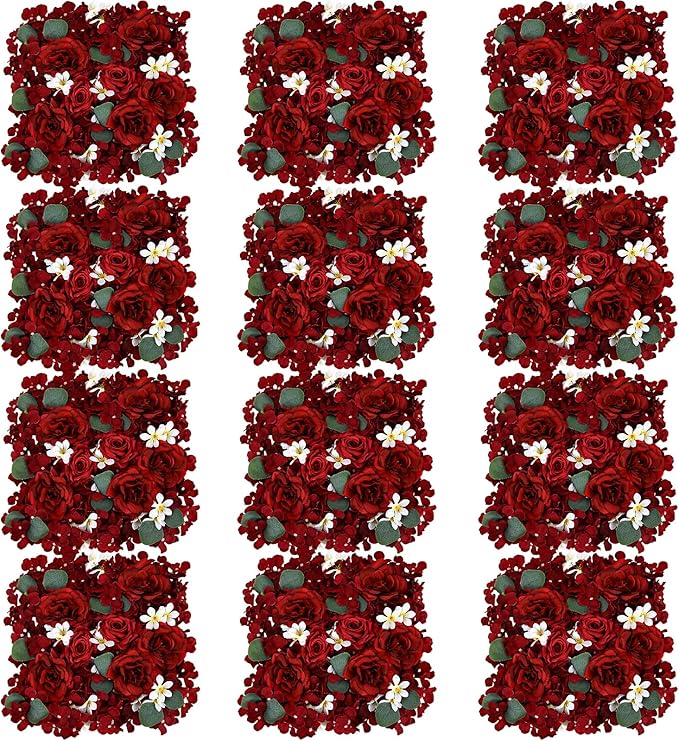 Pack of 12 Artificial Silk Flower Panels, Faux Floral Wall Background for Wedding Party Engagement Bridal Shower Arrangement Home Decorations - Burgundy