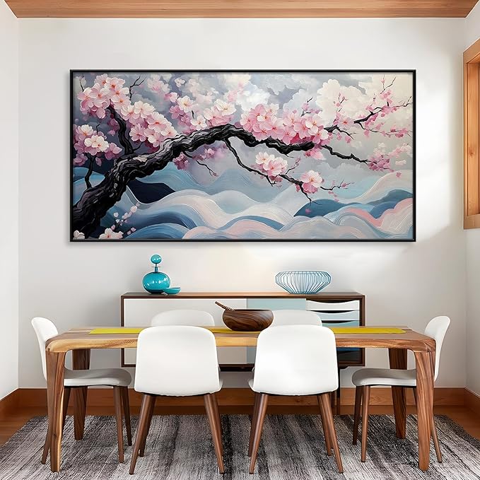 Japanese Cherry Blossom Canvas Wall Art, Sakura Tree Canvas Print, Pink Floral Pictures, Cherry Blossom Tree Wall Art, Flower Branch Decor, Nature Prints for Living Room (Black Framed, 31"x15" | 80x40cm)