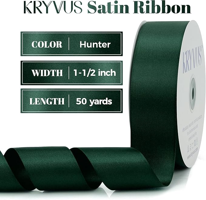 Hunter Green Satin Ribbon, Double Faced 1-1/2 Inch X 50 Yards Hunter Green Ribbon, Premium Satin Ribbon for Gift Wrapping, Crafts, Hair Bow Making, Sewing, Flower Bouquet, Wedding Party Decor