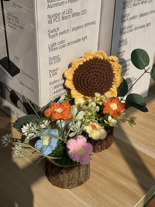 Handmade Crochet Knitted Puff Flowers Bouquet Creative Knitted Potted Plant Mini Cute Home Desktop Decorations and Gifts for Friends, Lovers, Classmates