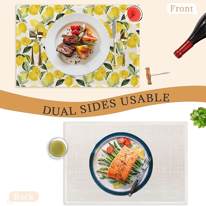 Lemon Placemats Set of 6,Washable Heat Resistant 12×18 Inch Linen Table Mats Yellow Place Mats for Party Outdoor Dining Décor
