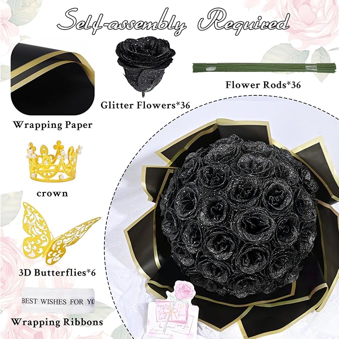 Waipfaru Glitter Roses Bouquet, DIY Fake Flowers Bouquet, Birthday Gifts for Women Mom, 36 Pcs Black Rose for Grandma Wife Girlfriend Valentines, Mothers Day, Anniversary, Graduation