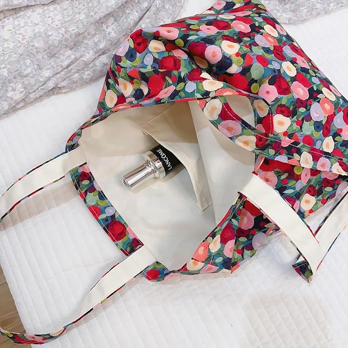 Cotton Canvas Tote Bag Reusable Soft Grocery Cloth Bag Floral Shoulder Bag for Beach Travel Shopping