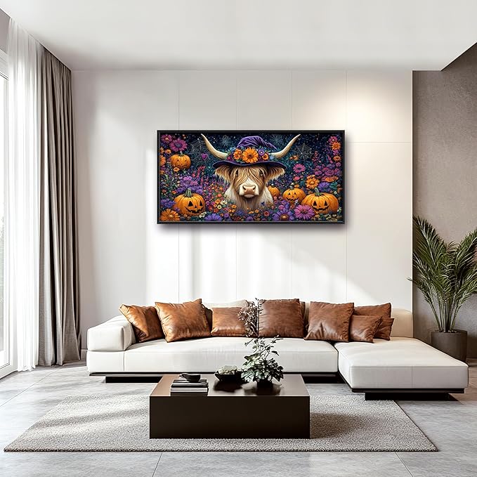 Highland Cow with Halloween Large Decor Wall Art Framed Pictures for Living Room, Pumpkins Oversized Canvas Print Painting Modern Extra Large Framed Artwork for Bedroom Office Home Decor 60"x30"