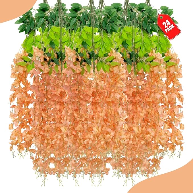 24 Pack Orange Wisteria Hanging Flowers, 3.4 Ft Fake Hanging Flowers, Artificial Wisteria Garland Vines for Wedding Room Backdrop Outdoor Patio Garden Thanksgiving Decoration