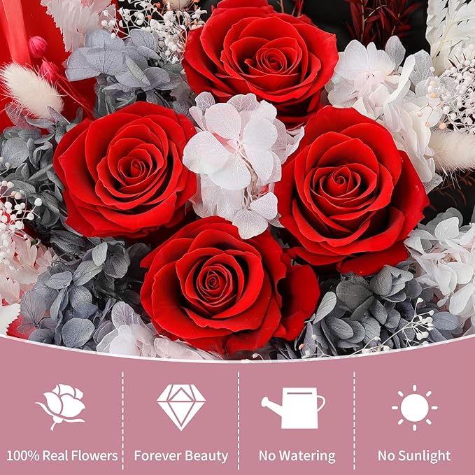 Lewondr Flower for Delivery, Preserved Flowers Bouquet, Red Rose Bouquet with Gift Box, Real Long-Lasting Forever Birthday Flowers Gifts for Wife Girlfriend Mothers Day Anniversary Proposal, White-Red