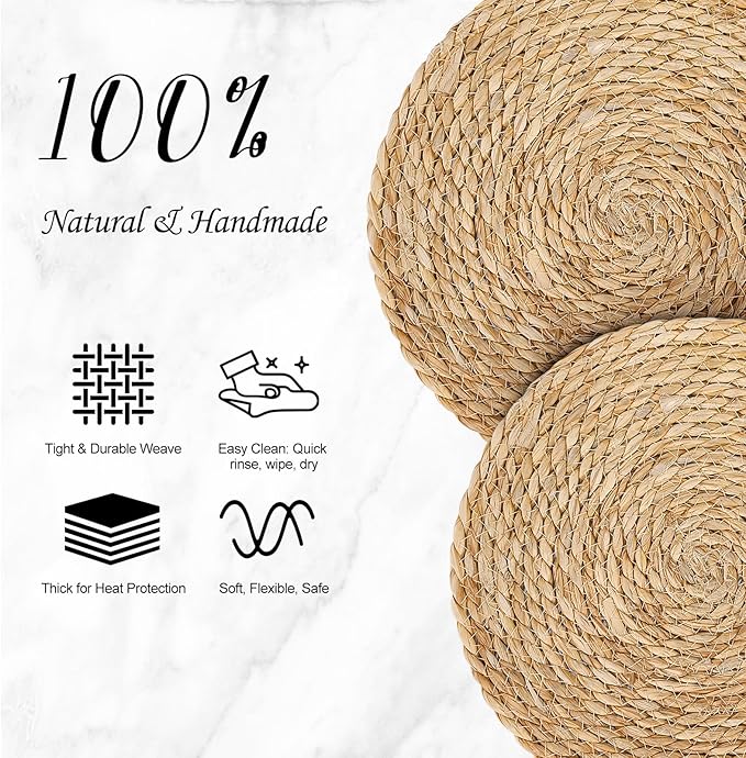 13 Inch Woven Placemats Set of 12, Rustic Round Placemat for Dining Table, Boho Jute Charger for Dinner Plates, Farmhouse Winter Holiday Decor, Water Hyacinth Wicker Rattan Braided Place Mats