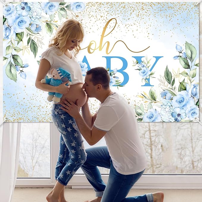 Mocsicka Oh Baby Backdrop Blue Floral Baby Shower Banner for Boys Party Decorations Photo Booth Props (Blue, 6x3.6ft)