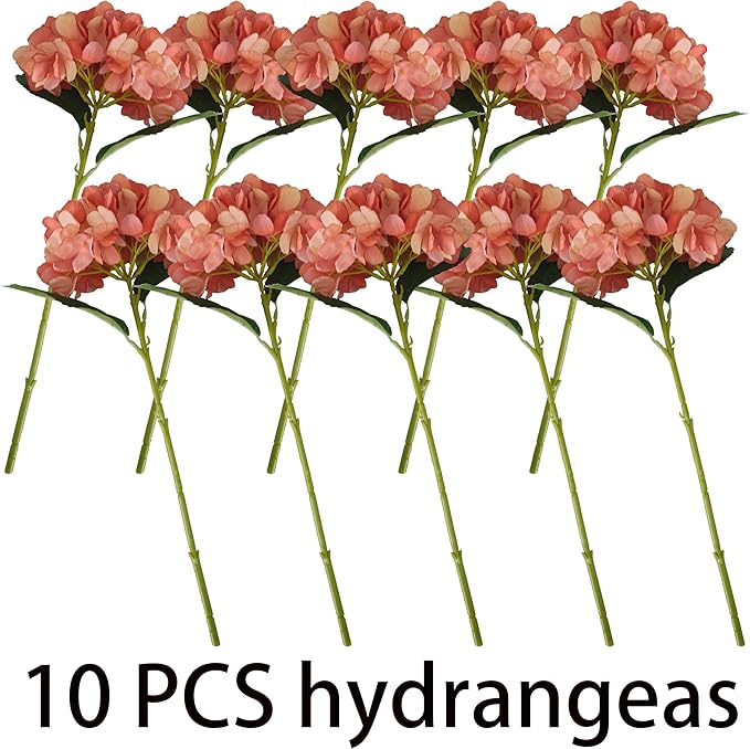 Coral Hydrangea Artificial Flowers,10Pcs Faux Coral Hydrangea Flowers,Artificial Hydrangeas Flowers with Stems,Fake Hydrangeas,Silk Hydrangeas Flowers with Stems for Home Decor