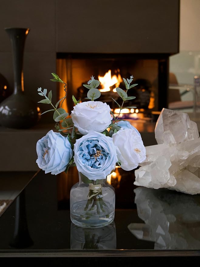 Forlaoers White Blue Roses Floral Artificial Flowers with Vase Silk Flower Arrangements in Fake Water Fake Flower Bouquet Centerpieces for Dining Center Table Decor Home Farmhouse Office Decorations