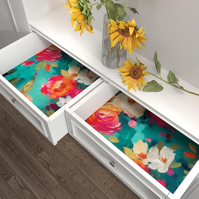 Watercolour Floral Peel and Stick Wallpaper Boho Vibrant Contact Paper Renter Friendly Wall Paper for Countertop Cabinet Wall Shelf Liner Removable Blue Colorful 17.5 x 118In