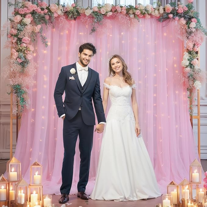 20x10ft Baby Pink Tulle Backdrop Curtain with Lights String for Parites, Sheer Backdrop Curtains for Wedding Baby Shower Birthday Party Photo Shoot Decorations