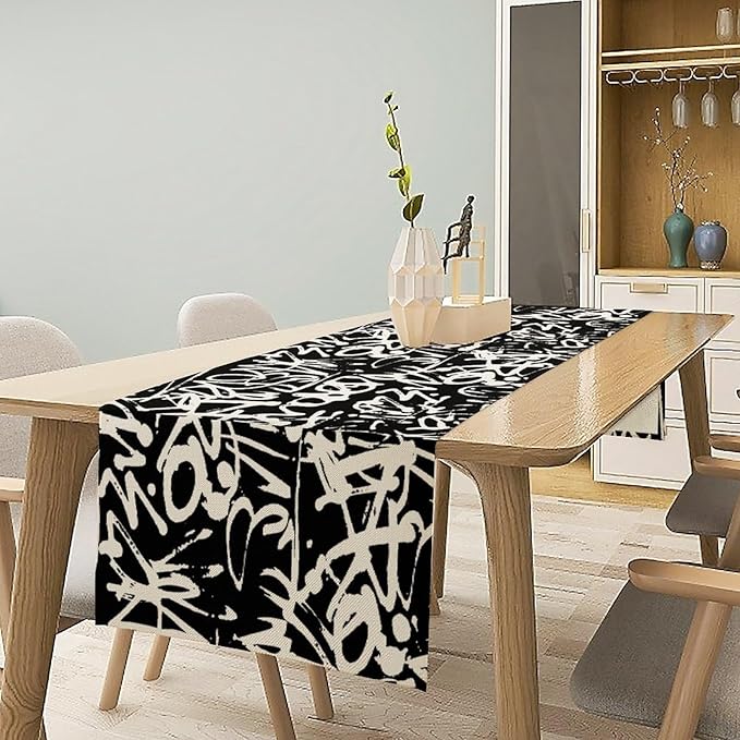 Graffiti Table Runner,Black White Abstract Messy Art Theme Pattern Print Tablecloth Burlap for Hotel Indoors Outdoor Dining Room Kitchen Home Decor,W13X L60 in