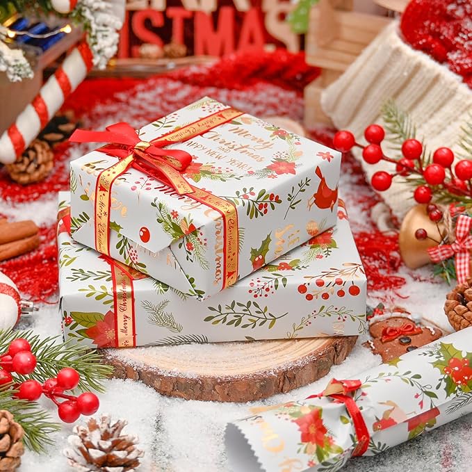 MAYPLUSS Christmas Wreath Wrapping Paper - 17Inch X 33Feet - Beautiful Holiday Wreaths, Vintage Holly Berry & Red Flower Festive Christmas Design Holiday Gift Wrap Paper for Winter Birthday, Wedding