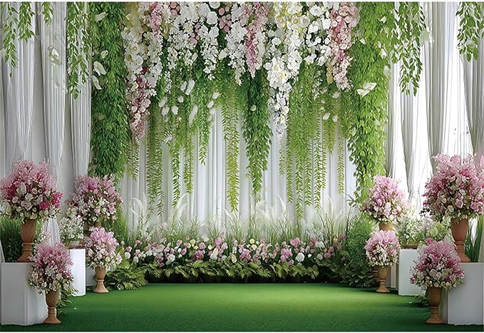 Baocicco Flowers Wedding Backdrops 15x10ft Green White Pink Floral Engagement Background Bridal Shower Backdrop Proposal Wedding Party Decoration Backdrop Valentines Day Banner Supplies