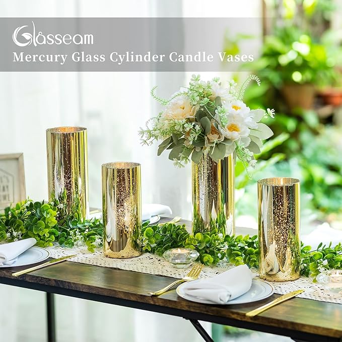 Glasseam Gold Cylinder Vases for Centerpieces: 24 Modern Mercury Hurricane Glass Vase Set for Flowers - Decorative Golden Pillar Candle Holders for Wedding Party Dining Room Table Decor