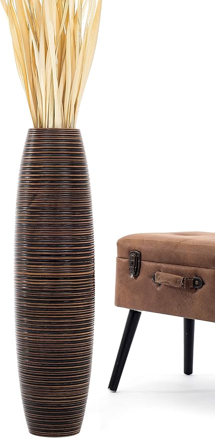 Leewadee Large Brown Home Decor Floor Vase - Wooden 26 inch Tall Farmhouse Decor Flower Holder for Fake Plant and Pampas Grass