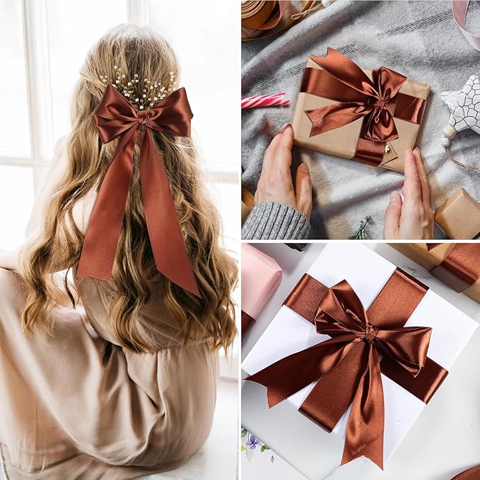 Brown Ribbon 60 Yards 1 1/2 Inch Brown Satin Ribbon for Fall Decor Gift Wrapping Flower Bouquet Bows Crafts Wedding Christmas Decorations
