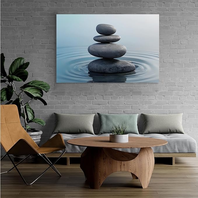 Zen wall art Harmonious grey stones stacked on a calm surface of water Serene Zen decor suitable for tranquil homes and spaces of meditation 28x40in Wood Framed