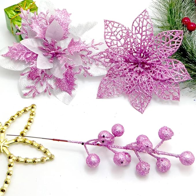 24Pcs Christmas Poinsettia Artificial Flowers and Glitter Berries Kit, 2 Styles Total 16Pcs Christmas Tree Flowers Ornaments, 8Pcs Christmas Tree Picks for Wedding Holiday Decorations, Pink