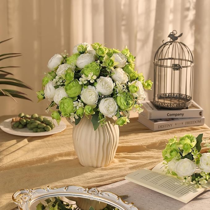 Floweroyal 2 Bunches Peony Artificial Flowers Green Flowers Silk Peonies Bouquets for Wedding Party Table Centerpieces Floral Arrangement Home Kitchen Decor