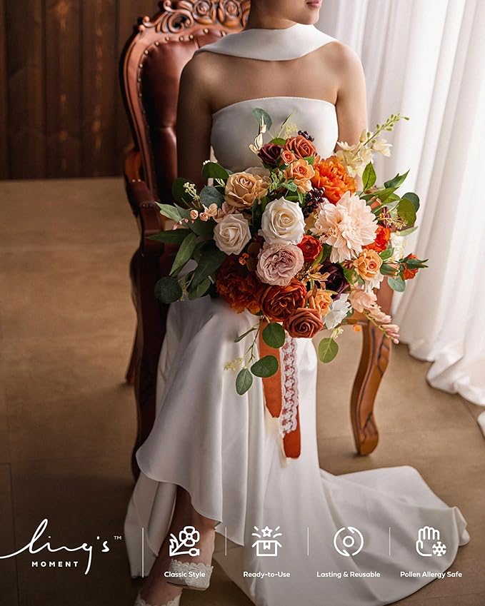 Ling's moment Terracotta Wedding Bouquets for Bride, Burnt Orange Bridal Bouquets for Bride, 15 Inch Free Form Artificial Wedding Flower Bouquet