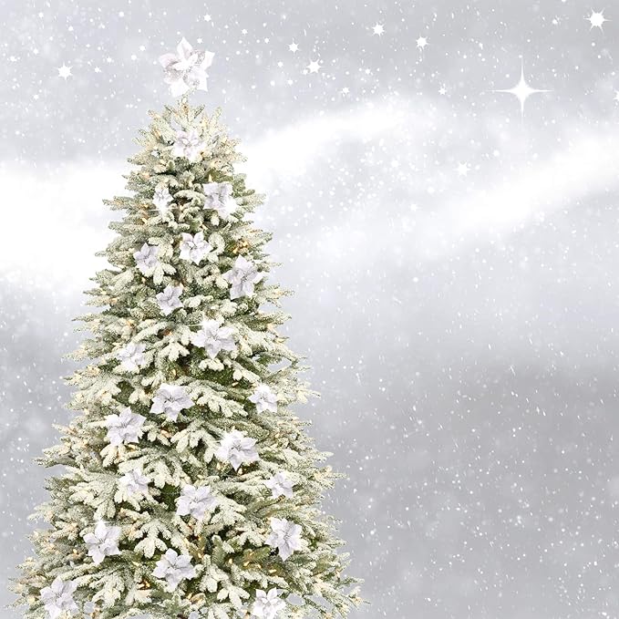 Boao 24 Pieces Christmas Artificial Glitter Poinsettia Flowers Xmas Flowers Wedding Christmas Tree New Year Ornaments(Silver)