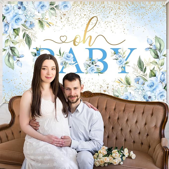 Mocsicka Oh Baby Backdrop Blue Floral Baby Shower Banner for Boys Party Decorations Photo Booth Props (Blue, 7x5ft)