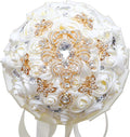 Handmade Brooch Wedding Flowers Bridal Bouquets Crystal Bride Holding Bouquet White Ivory Satin Roses with Diamond Pearl Ribbon (Luxury-Glod)