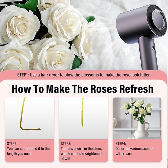 20PCS Artificial Roses with Long Stems - Realistic Silk Flowers, Fake Roses Real Touch Bouquet Roses for Home Decor, Bridal Wedding Table Centerpieces, Faux Rose Flowers (White&Royal Blue)