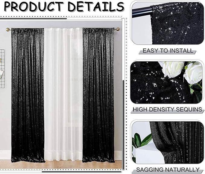 Black Sequin Curtains 4FTx8FT 2 Panels Black Sequin Backdrop for Parties Glitter Backdrop Photo Background for Wedding Baby Shower