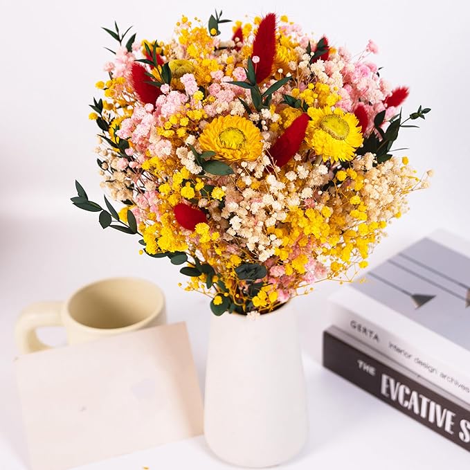 Vibrant Handmade Dried Flower Bouquet with Yellow, Pink, and Red Accents – Perfect for Home Décor, Weddings, and Gift Giving